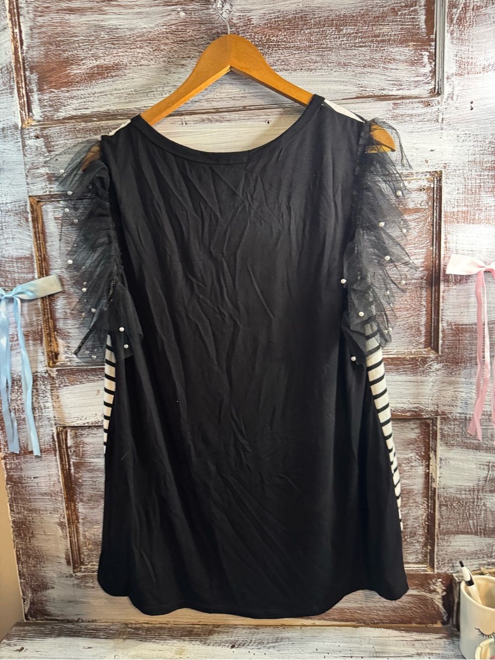 BiBi Black & White Striped Sleeveless Top with Pearl-Trim Tulle Ruffles - Picture 5 of 5